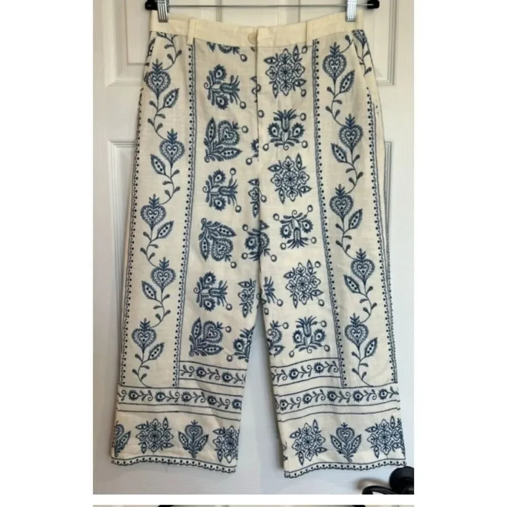 Zara Linen Embroidered Culottes Wide Leg Pants Size XL / NWT